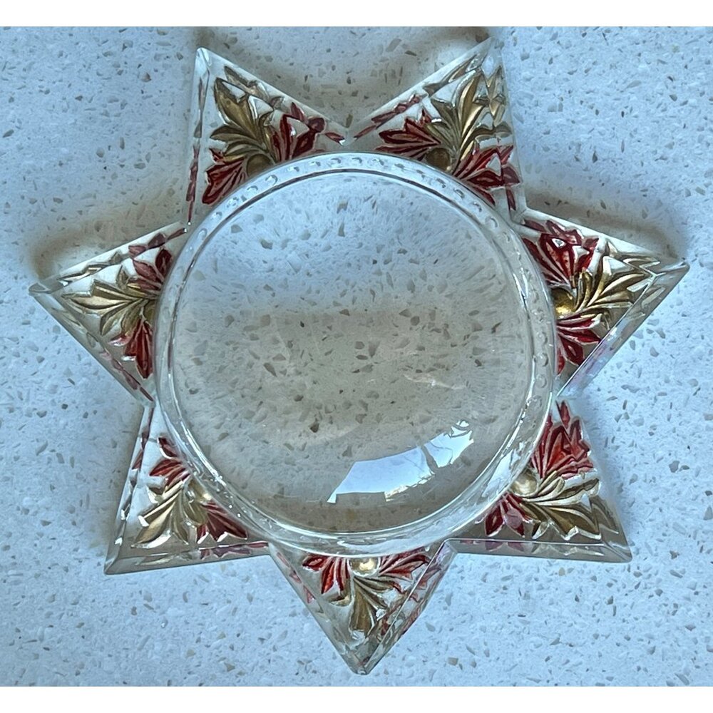 Antique Victorian Star Shaped Glass Paperweight Red & Gold Floral Accents READ